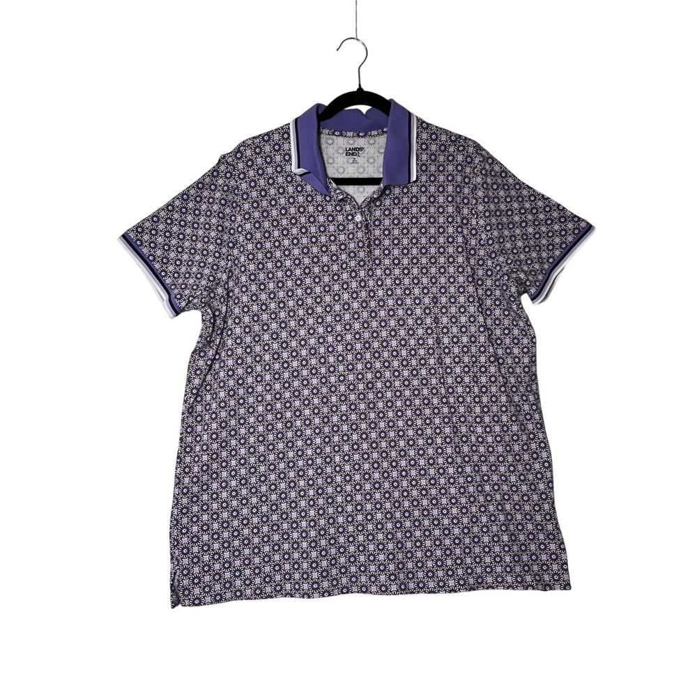LANDS END Womens 1X Purple Geometric Polo Shirt Short Sleeve Stretch